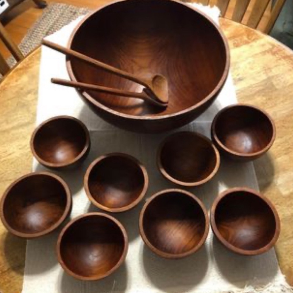 set of vintage handmade teak wood 8 salad bowls